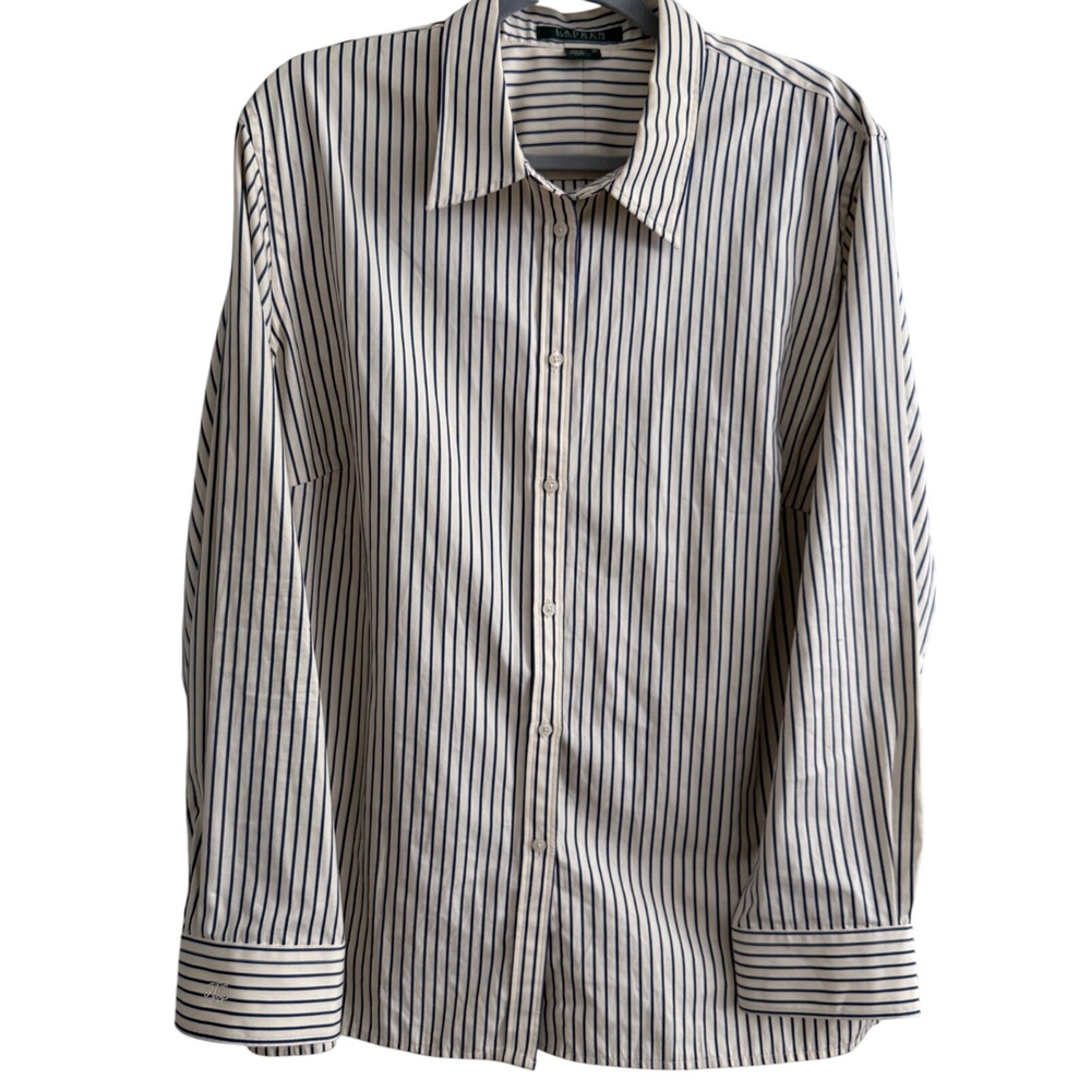 Lauren Ralph Lauren Striped Button Down Shirt Womens 2X Navy Cream Cotton LRL